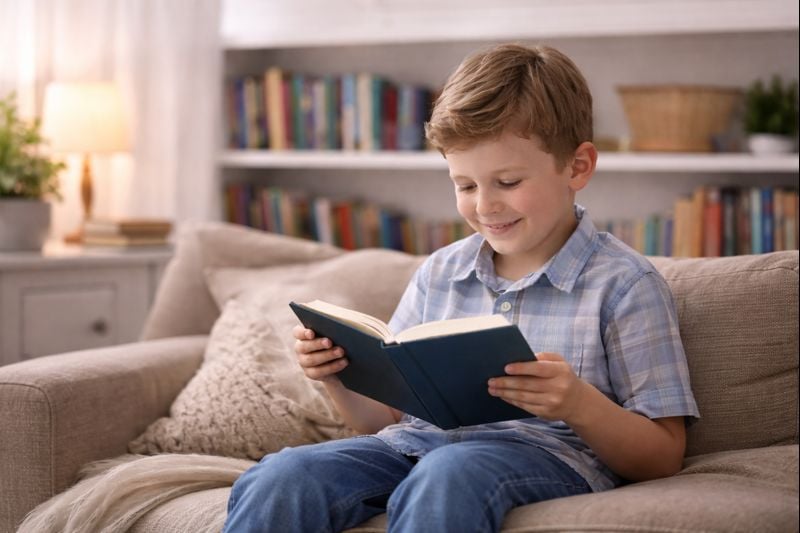 a child happily engrossed in a book.