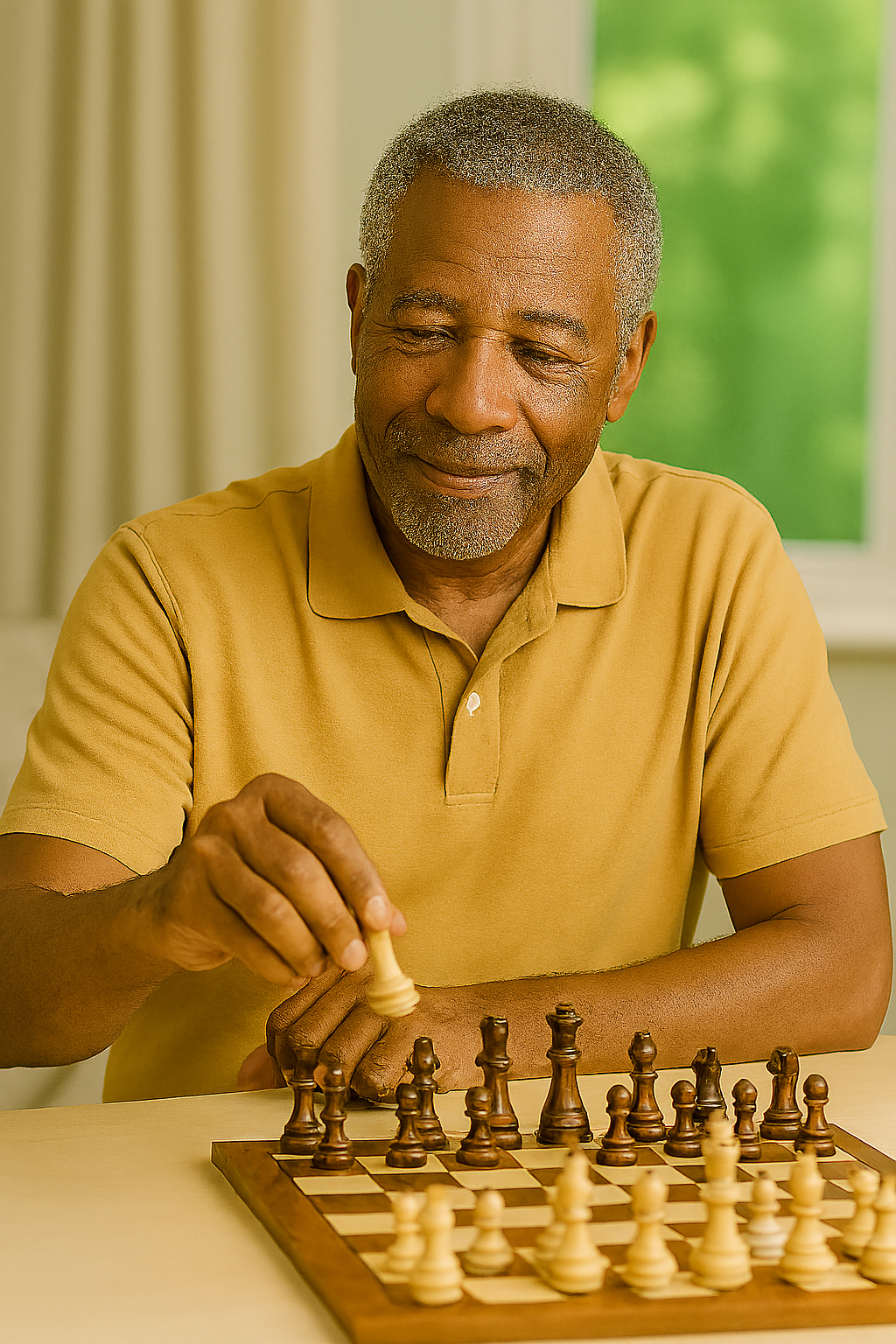 a vibrant older man fully engaged in a game of chess