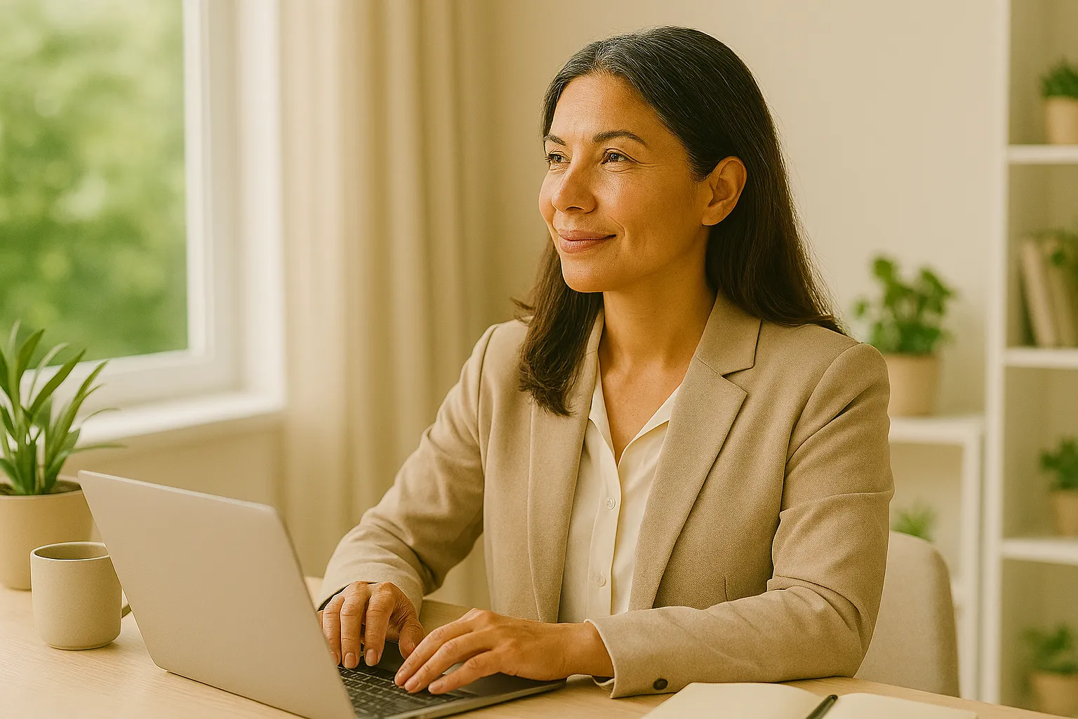  an adult woman working at a clean, organized desk in a bright home office. 