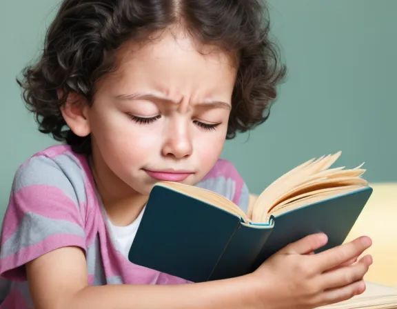 Girl holding a book close to her face, a sign that myopia control may help