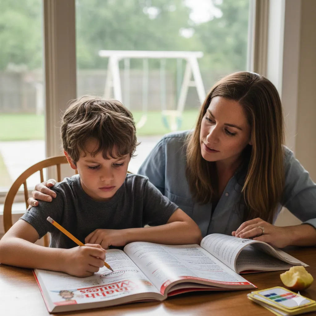 Mother helping her son with homework