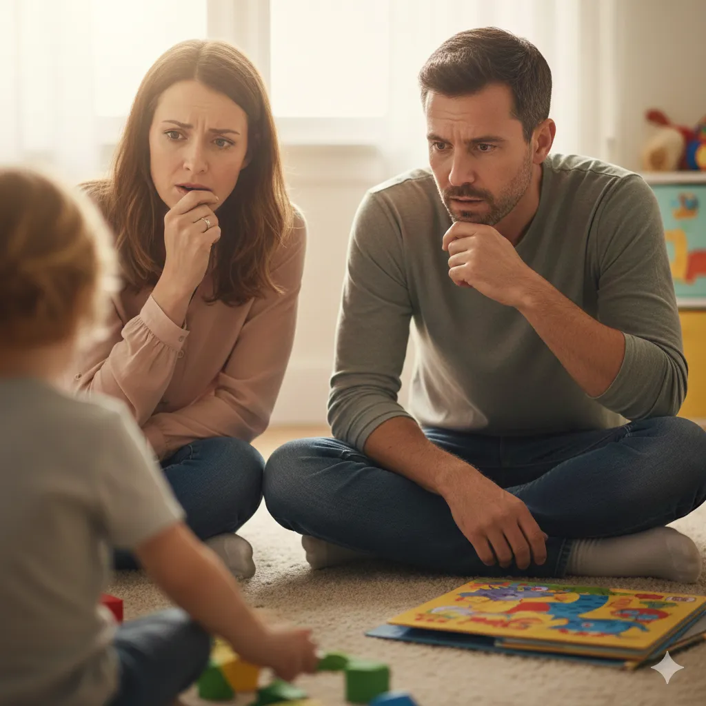 Parents watching their young son play on the floor