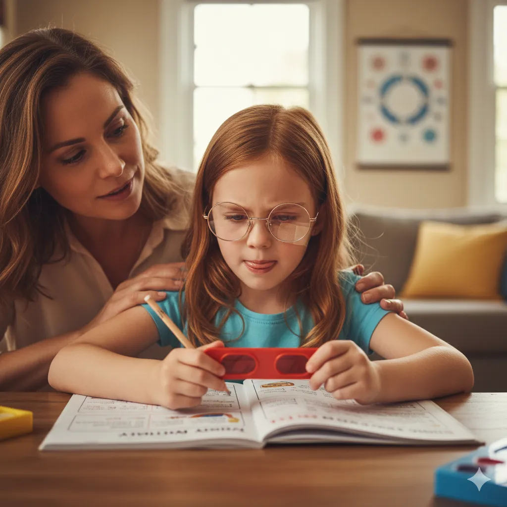 Mother helping her daughter with reading and learning at home