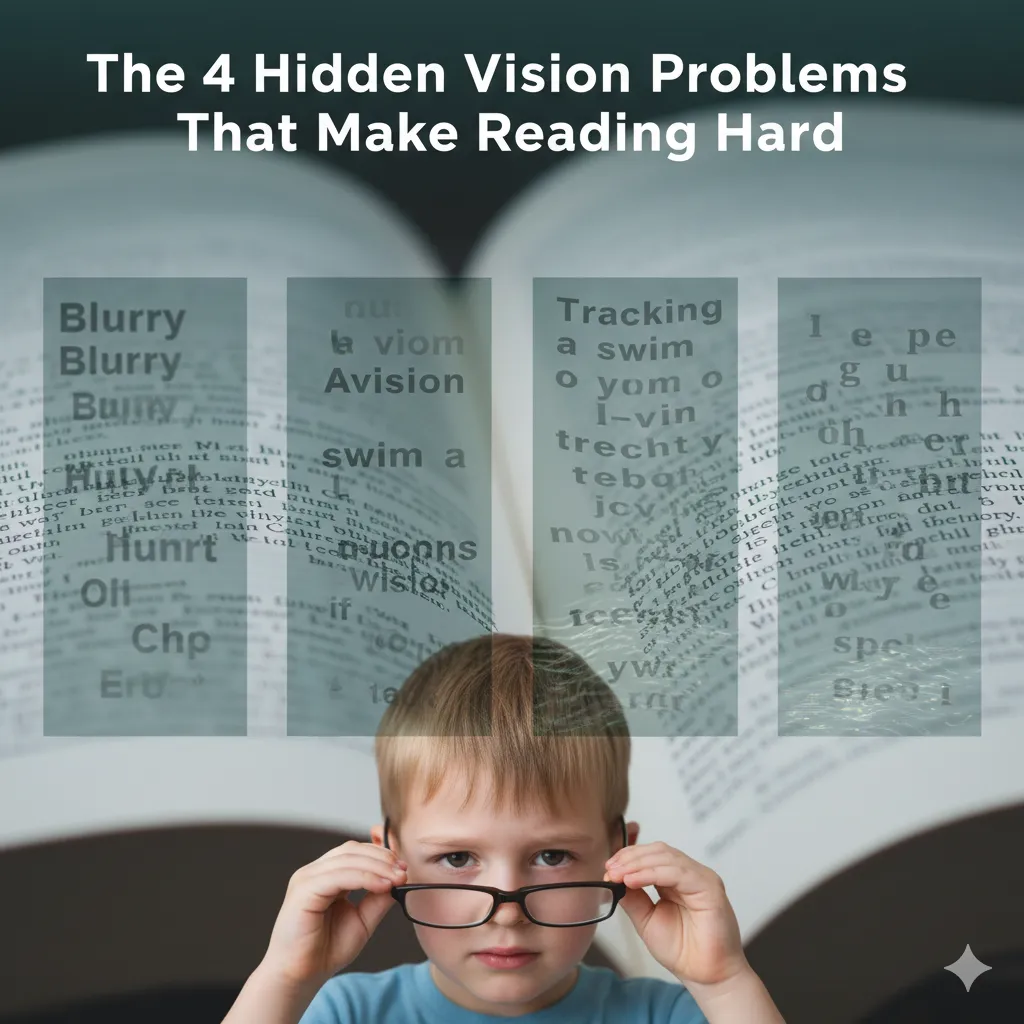 Boy rubbing his eyes in front of a chalkboard listing hidden vision problems that make reading hard