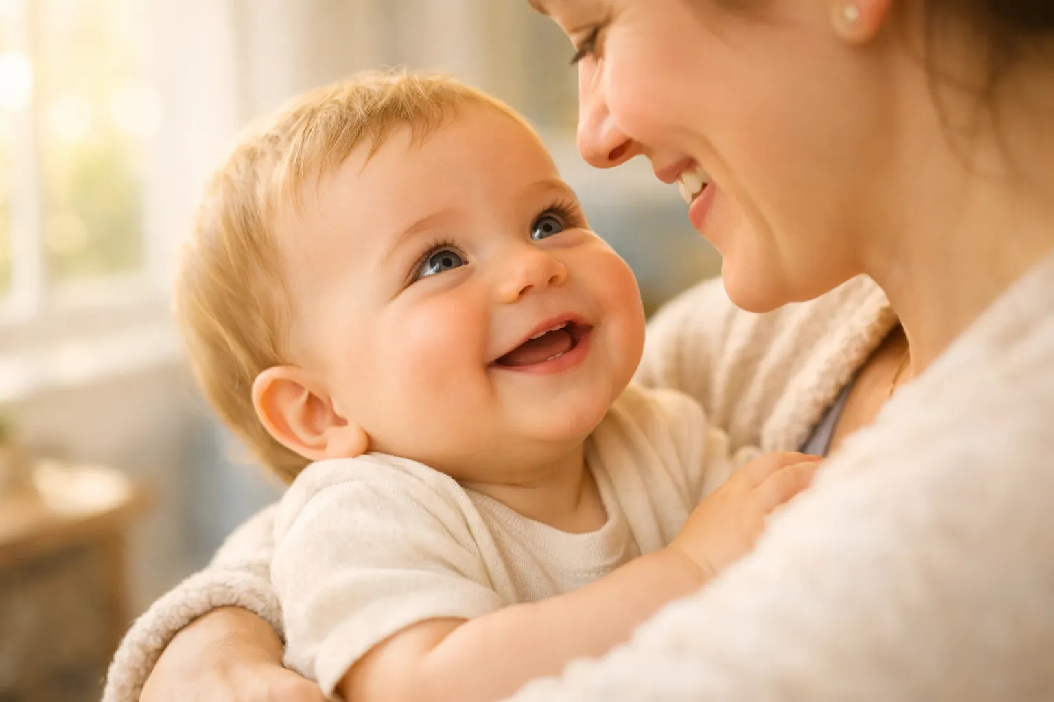 Smiling baby with her mother, ready for a first eye exam