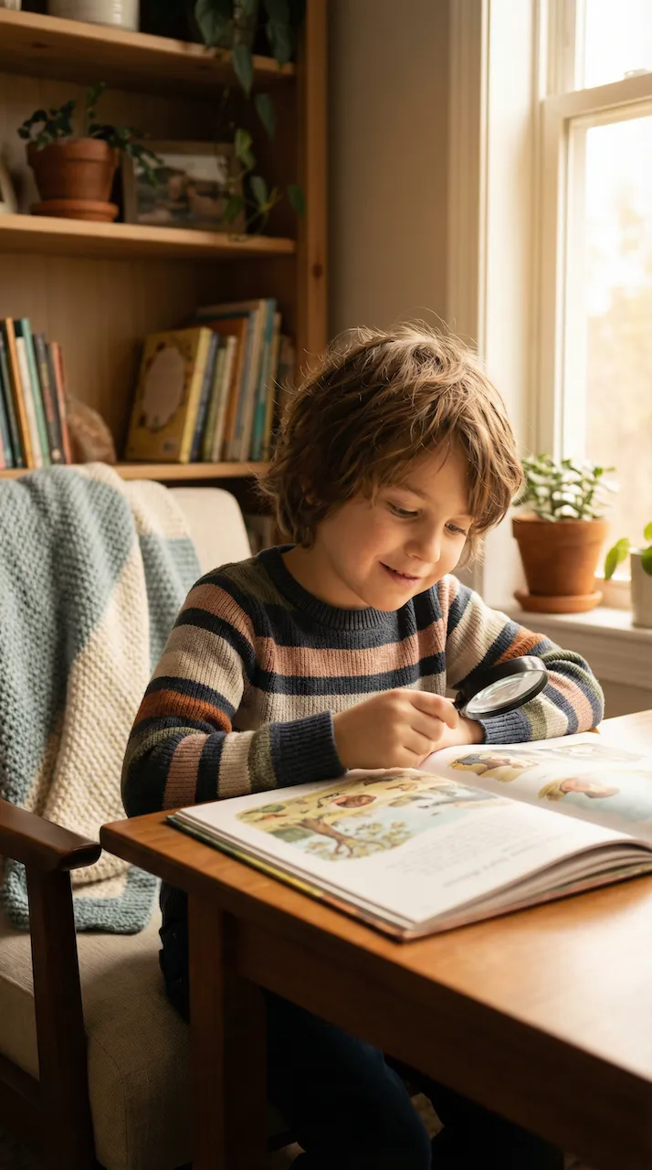 Boy reading at a desk, working through visual processing challenges