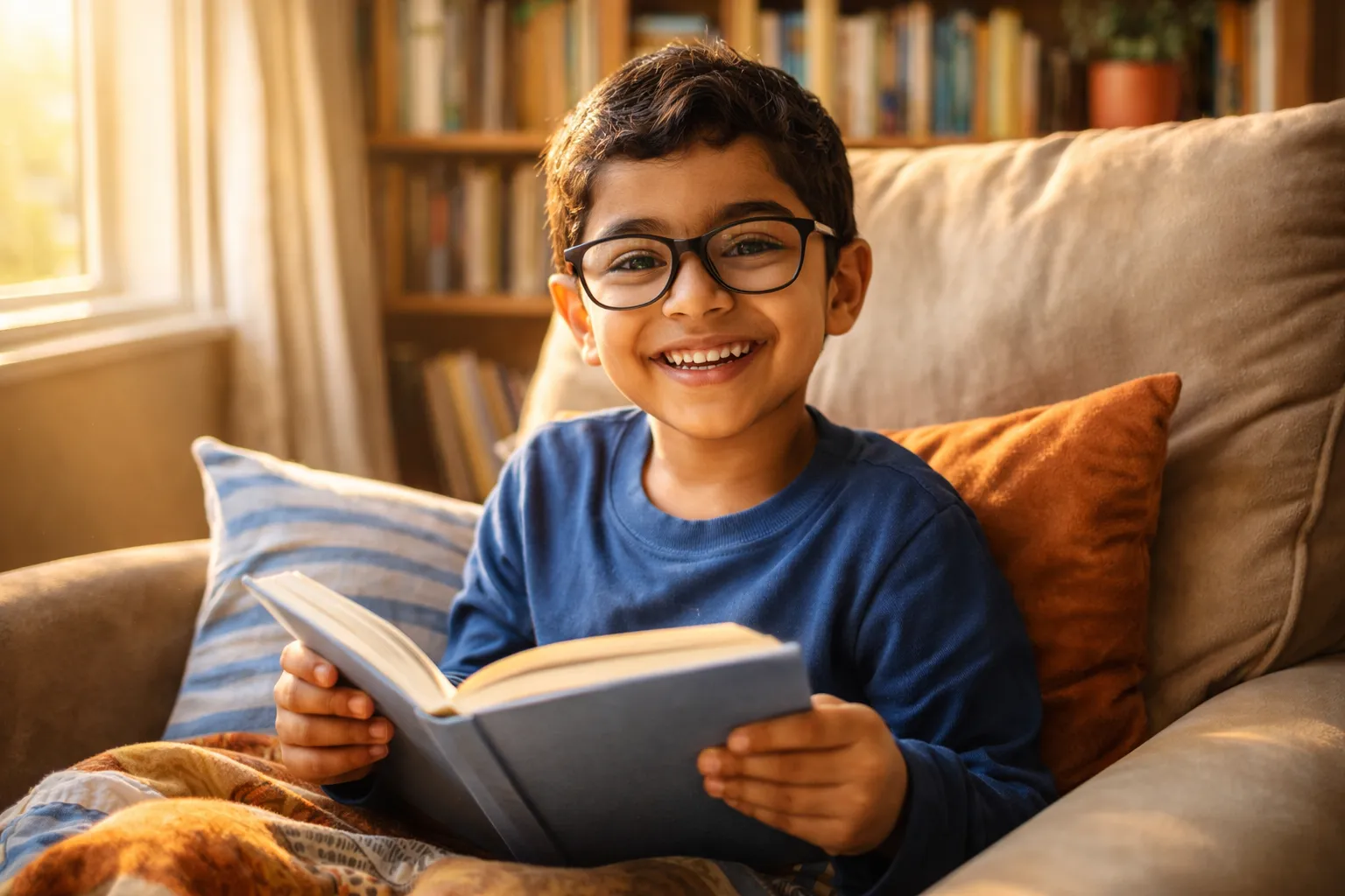 Boy reading a book on the couch