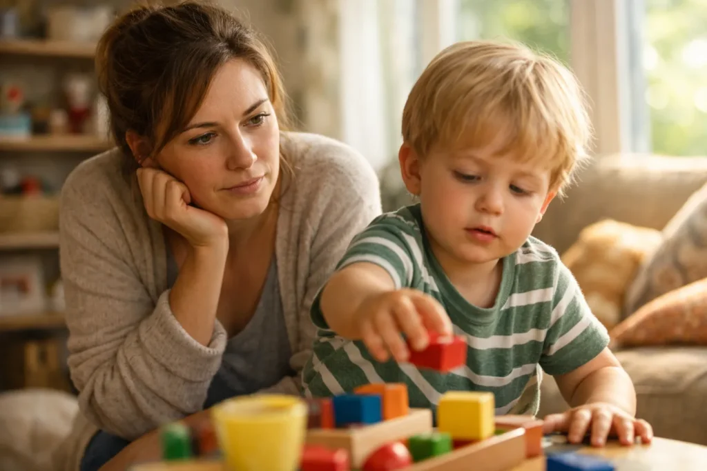 Mother watching her toddler play with toy blocks