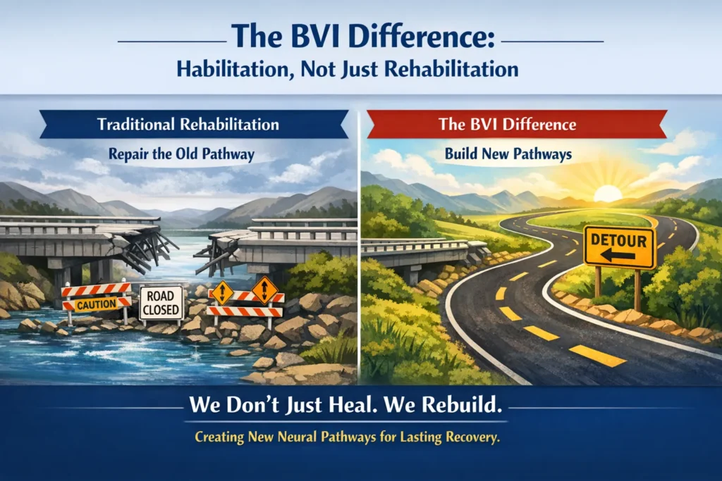 Illustration comparing traditional rehabilitation with the BVI habilitation approach
