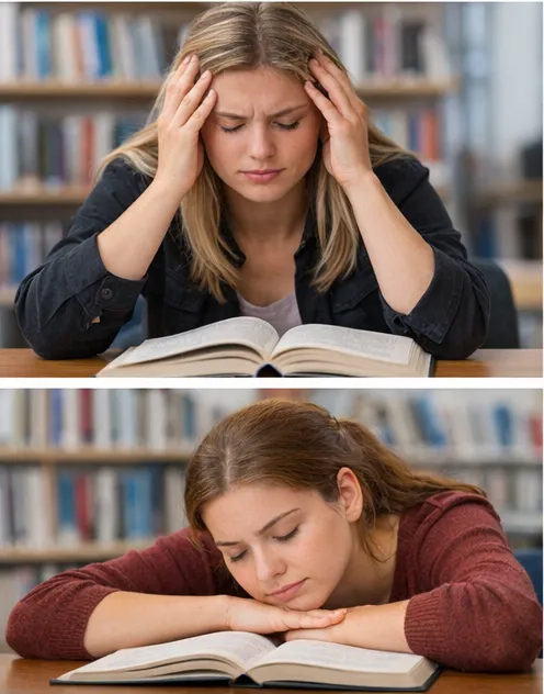 Frustrated teen students studying in a library