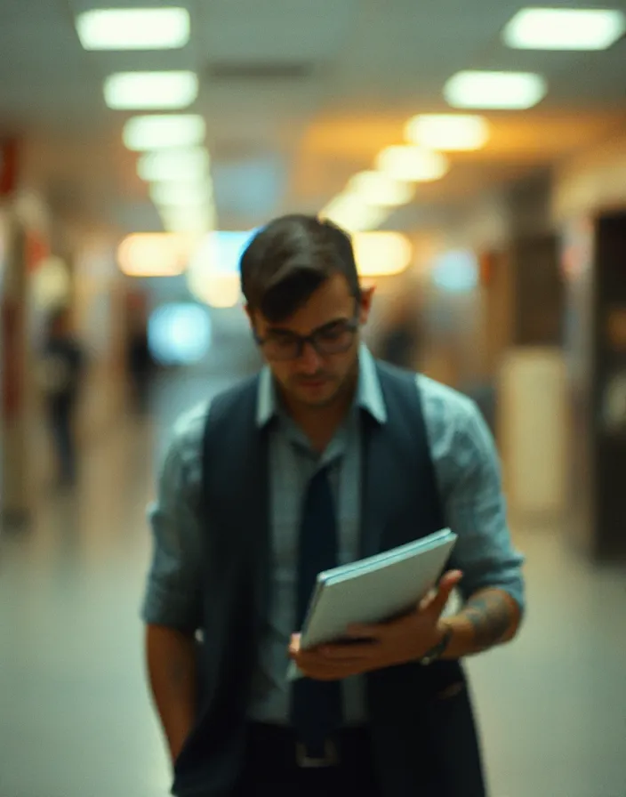Young man walking down a school hallway holding a book