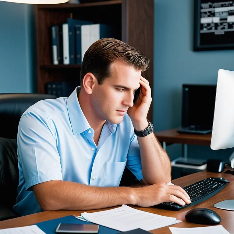 Man at his desk struggling with brain fog after a concussion