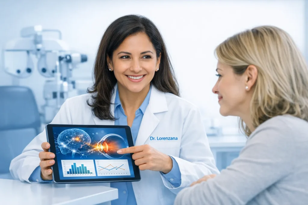 Doctor reviewing eye scan results with a patient on a tablet