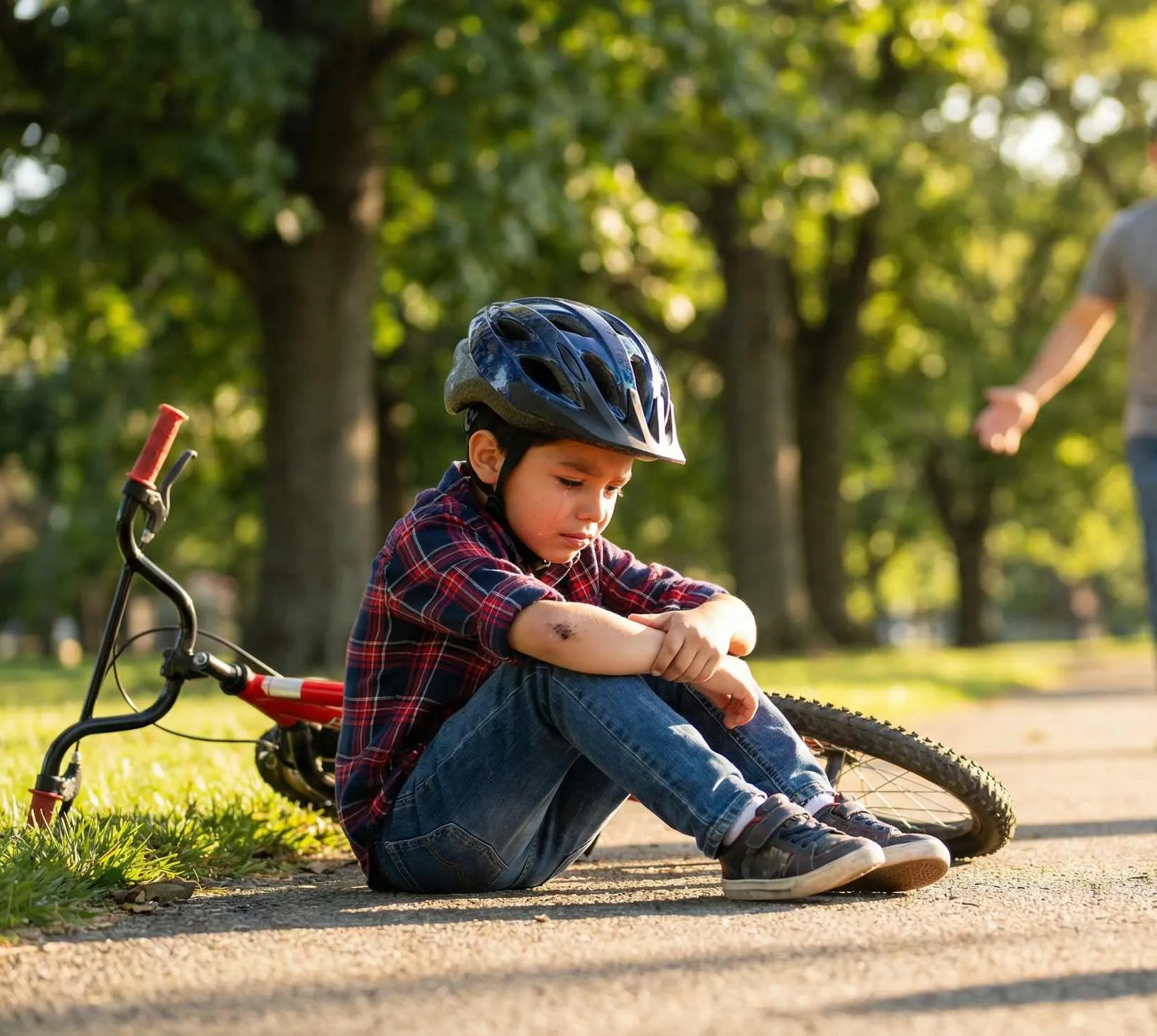 Boy in a bike helmet sitting on the path after a fall that could cause a concussion