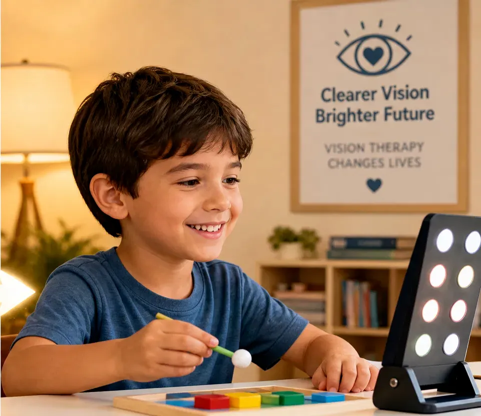 Smiling boy doing a vision therapy activity