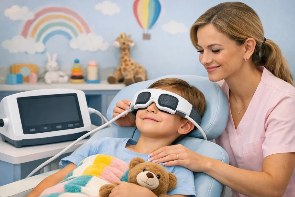 Child receiving a gentle in-office eye treatment while a parent comforts him