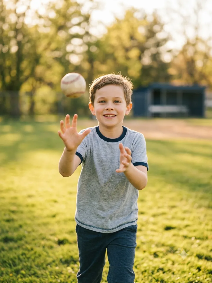 Confident boy playing catch outdoors