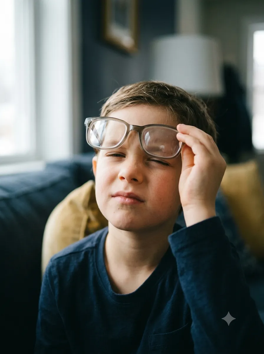 Boy adjusting thick glasses