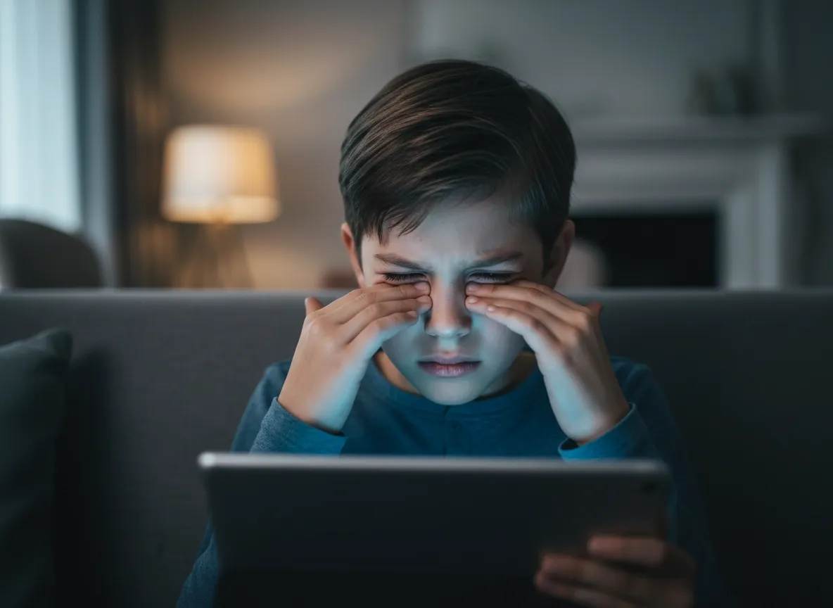 Boy rubbing his eyes from dry eye after screen time