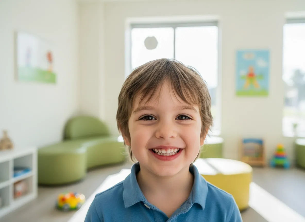Smiling boy with comfortable, healthy eyes