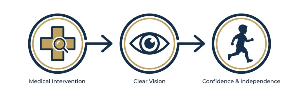 Diagram of how therapeutic contact lenses treat the eye and restore active vision