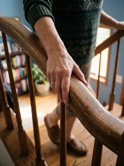 Older woman's hand gripping a stair handrail