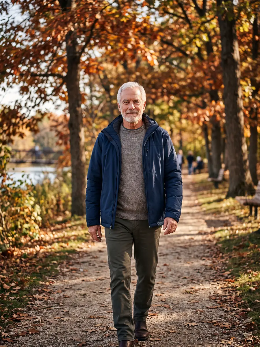 Man in his late 60s walking steadily along a park path