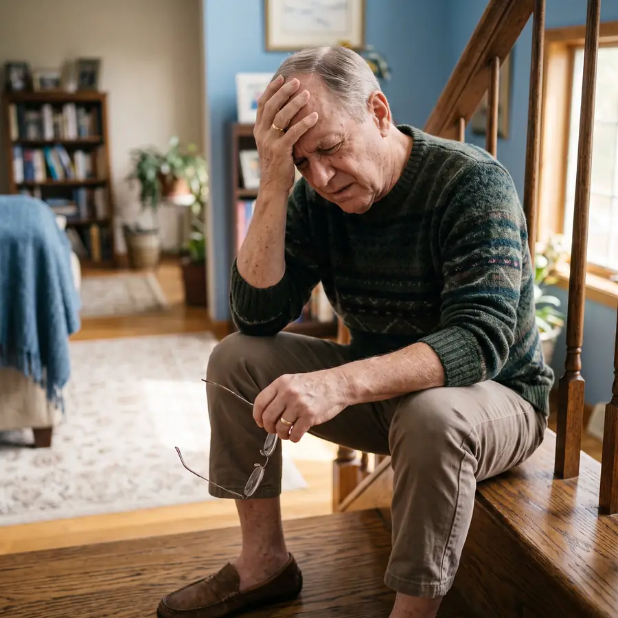 Older man sitting on the stairs holding his head, dizzy after a concussion from a fall