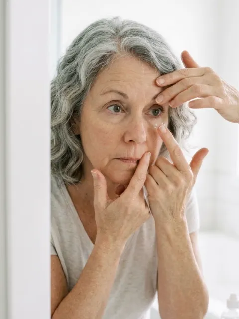 Woman in her 60s putting in a soft contact lens in front of a bathroom mirror