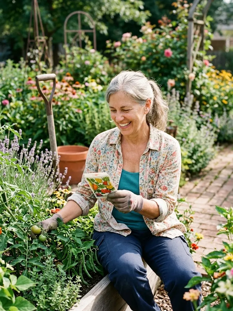 Smiling woman in her 60s gardening and reading a seed packet without glasses