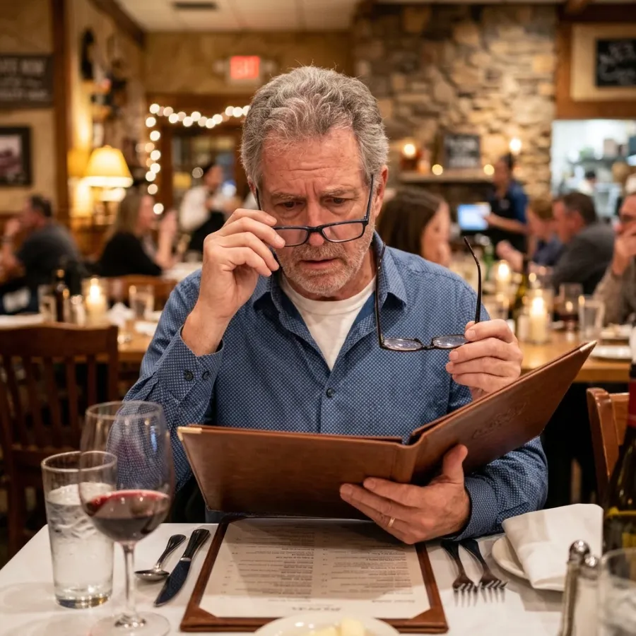 Man in his 60s switching between two pairs of glasses to read a restaurant menu