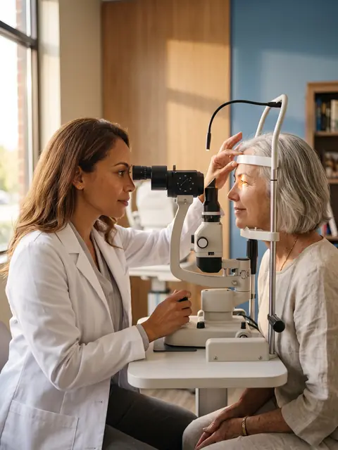 Optometrist examining an older woman's eyelids with a slit lamp for dry eye