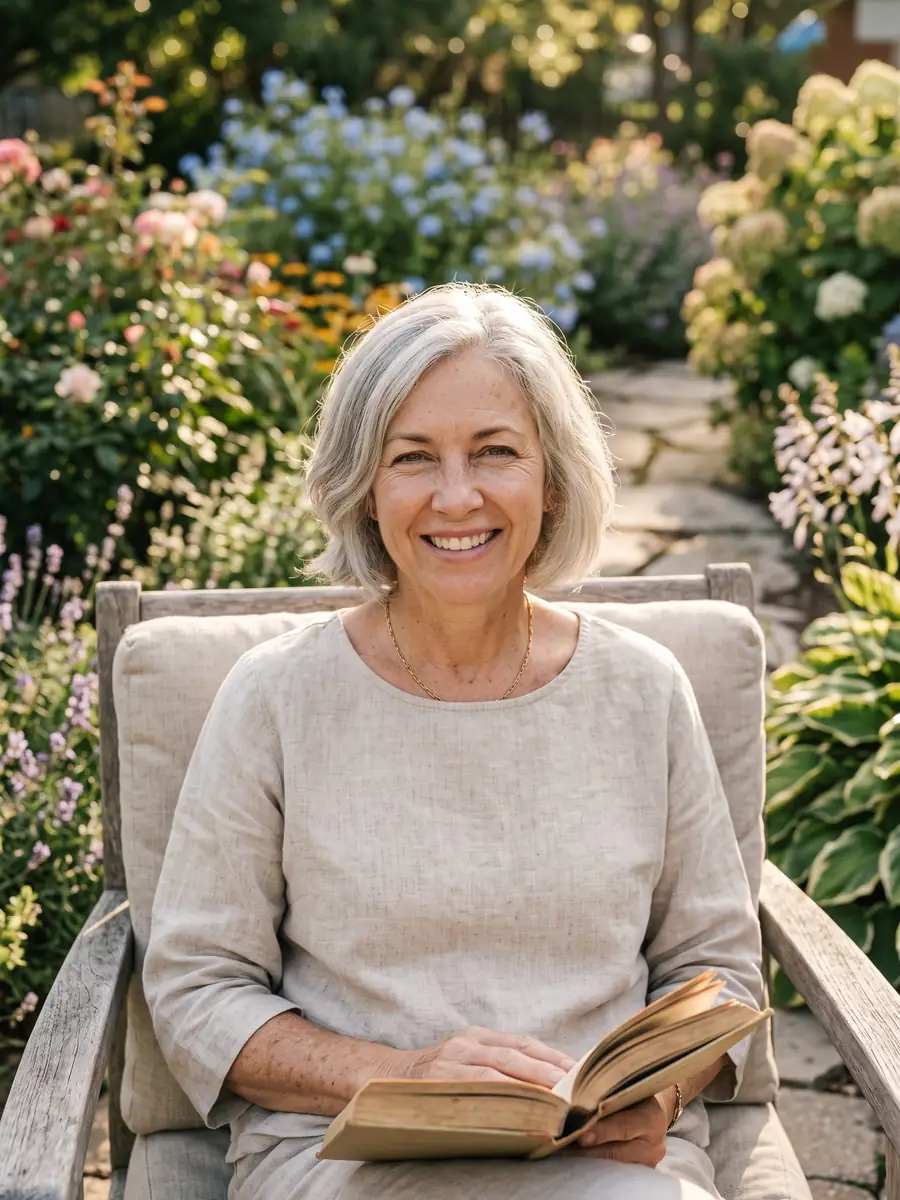Smiling older woman reading in a sunny garden