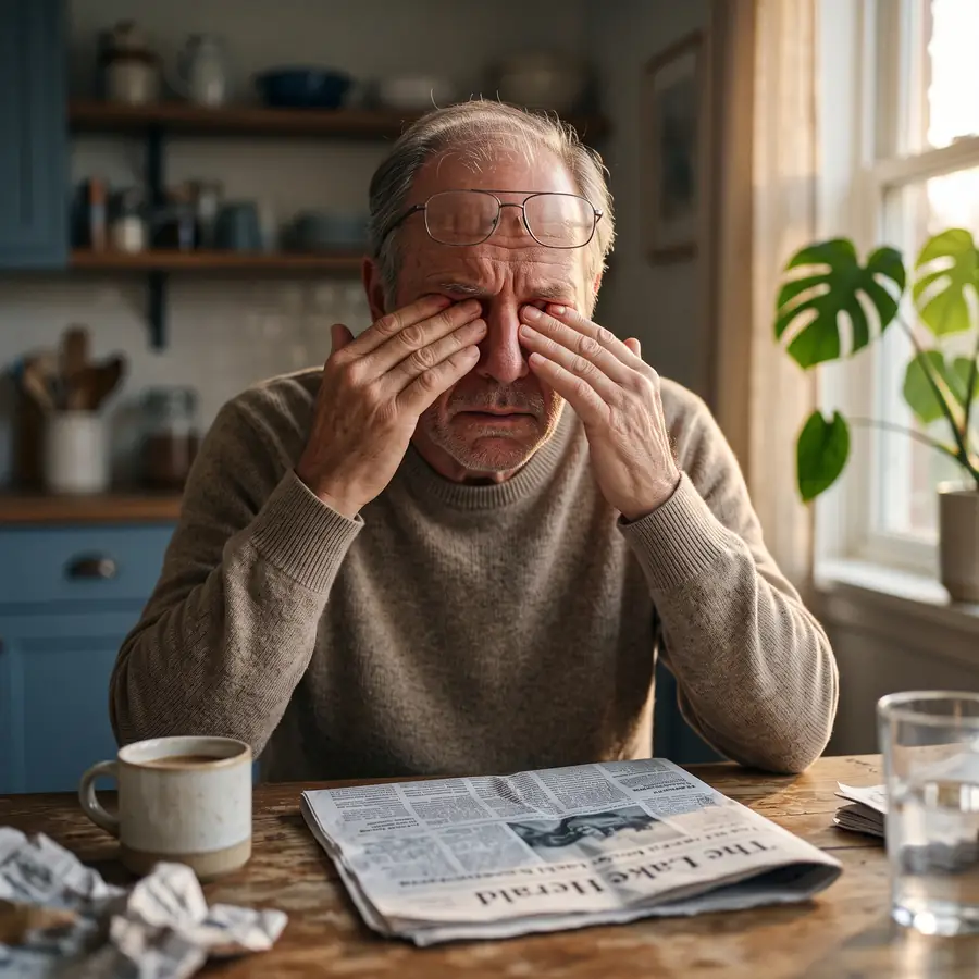 Older man rubbing irritated eyes while reading the newspaper
