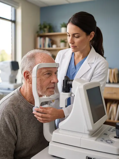 Older man having a retinal scan to monitor glaucoma