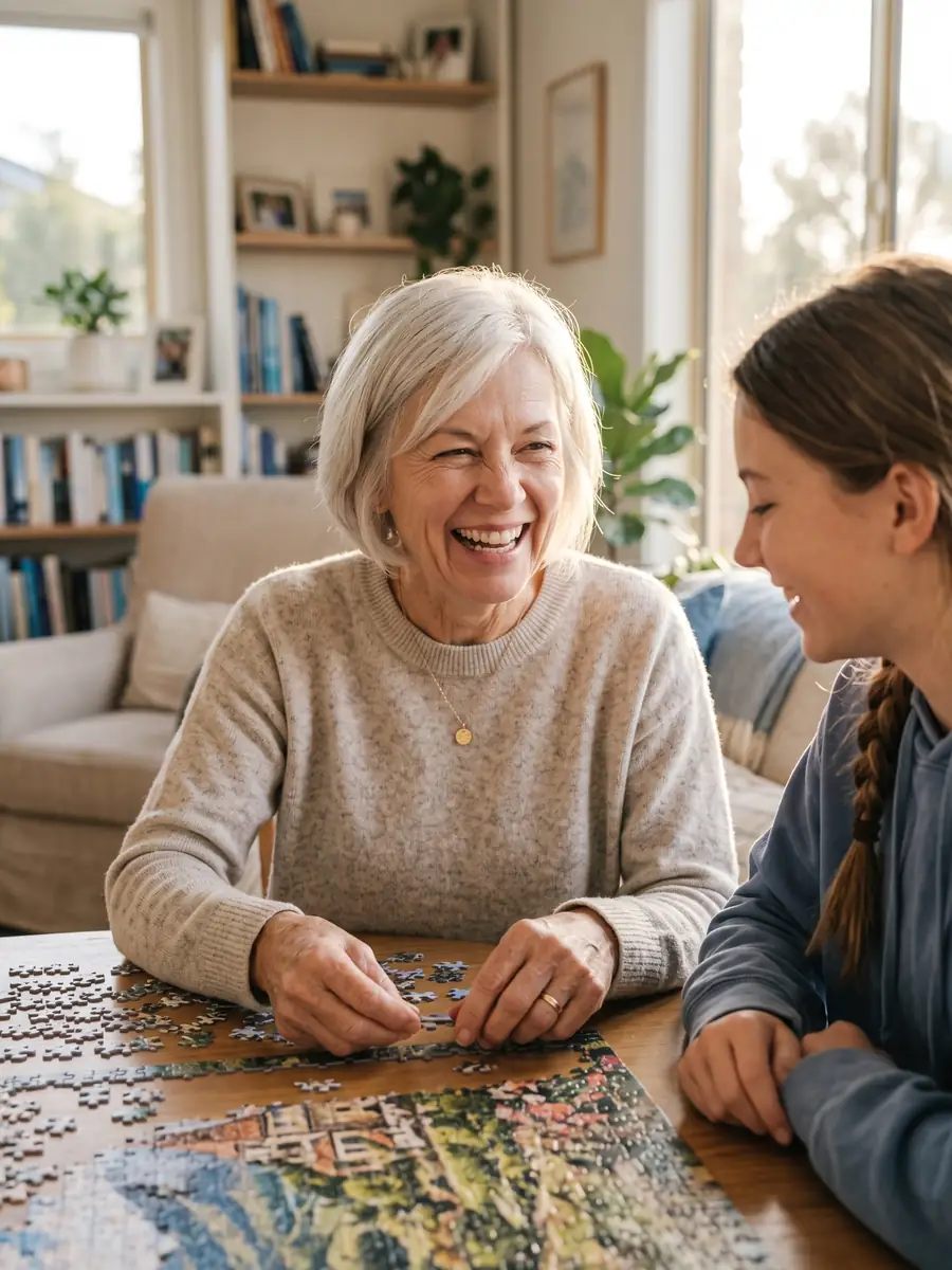 Grandmother laughing while doing a jigsaw puzzle with her granddaughter