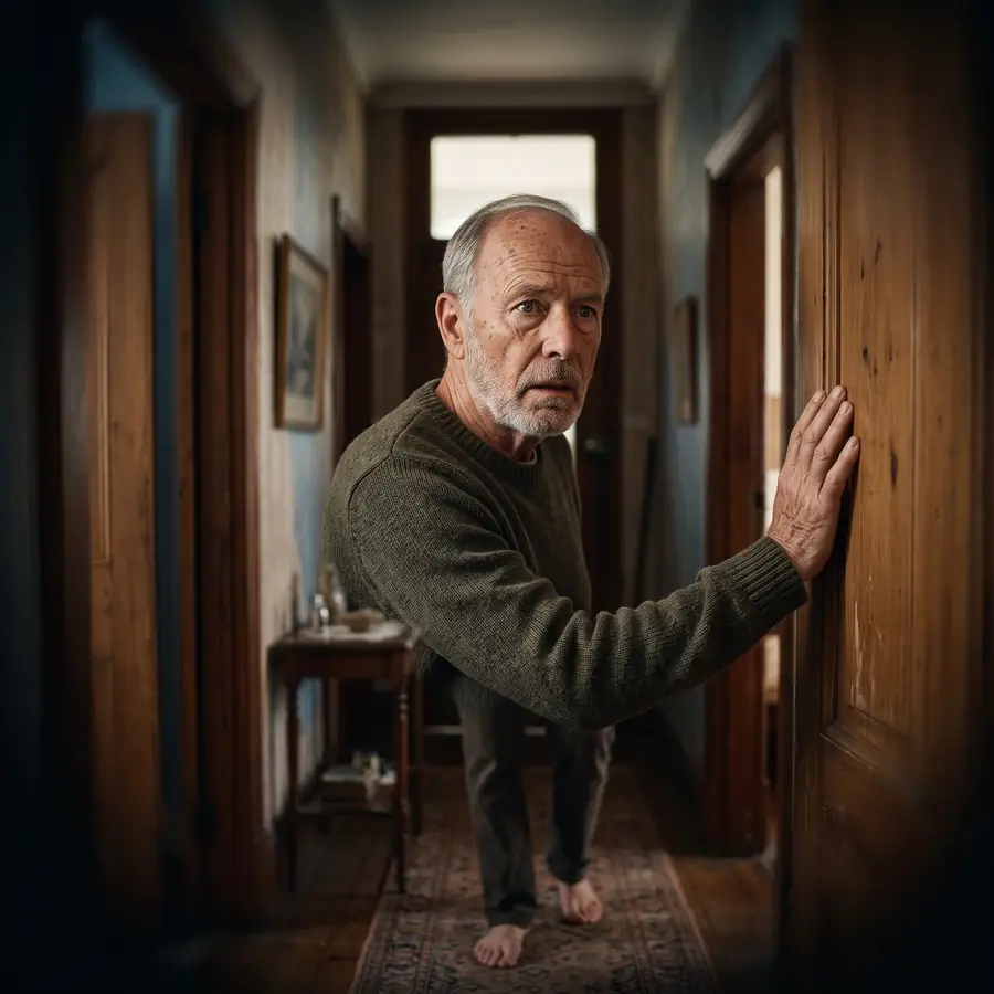 Older man steadying himself against a wall in a dim hallway