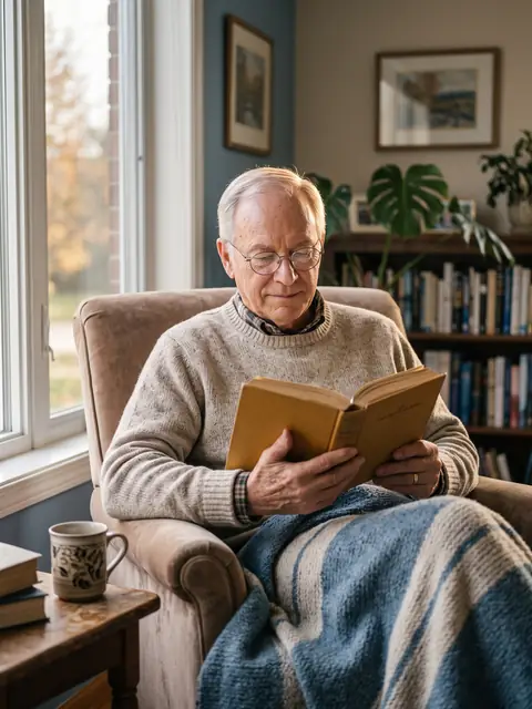 Older man reading a book comfortably by a window