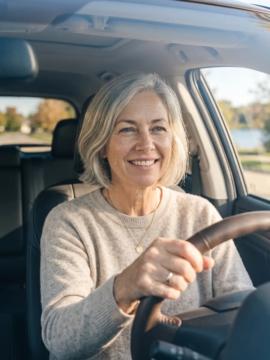 Confident woman in her 70s driving on a sunny day, enjoying her independence