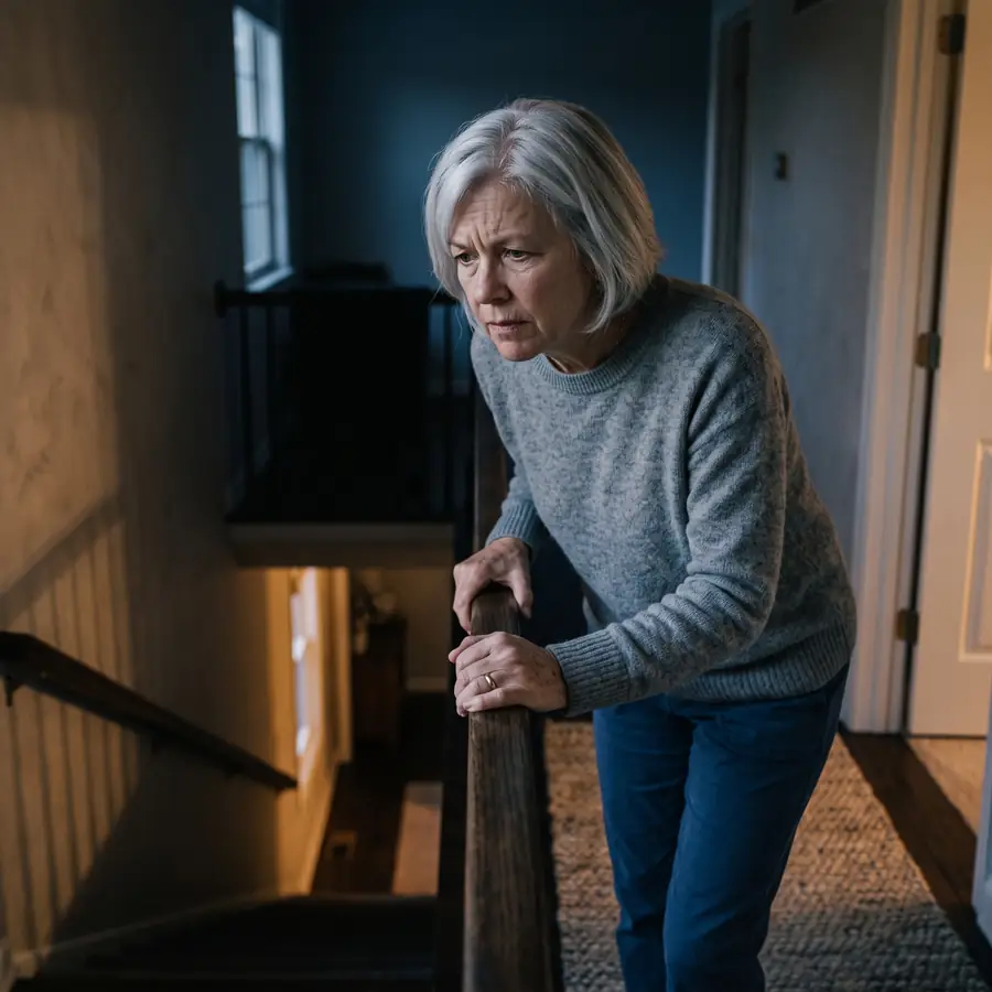 Older woman hesitating at the top of a dim staircase