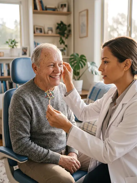 Optometrist assessing eye movements of a smiling older man during a longevity evaluation
