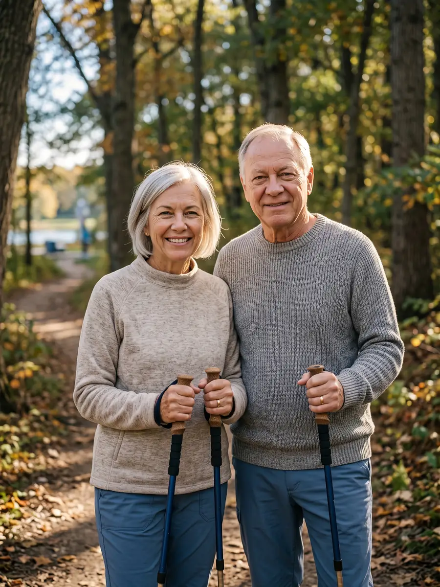 Active couple in their 60s hiking a forest trail