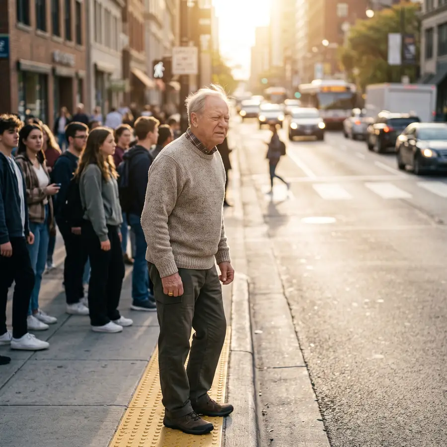 Older man hesitating at a busy city crosswalk