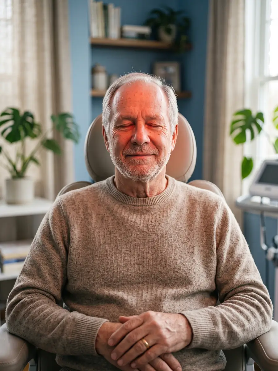 Older man relaxing with eyes closed during light therapy