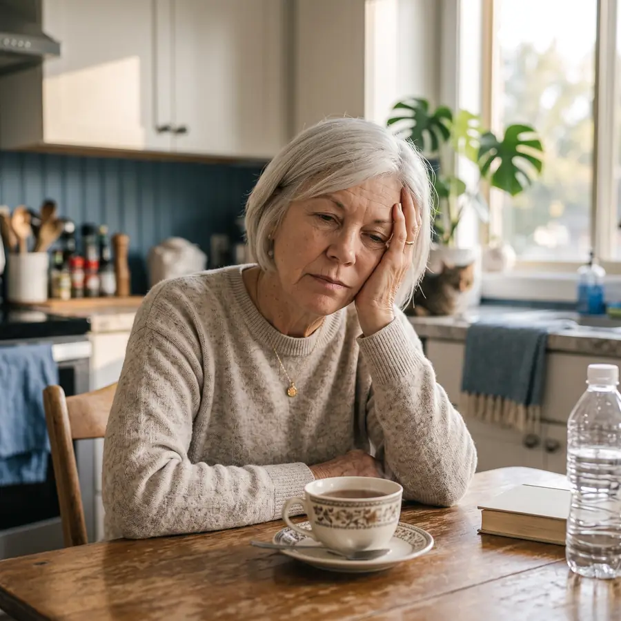 Tired older woman resting her head in her hand at the kitchen table
