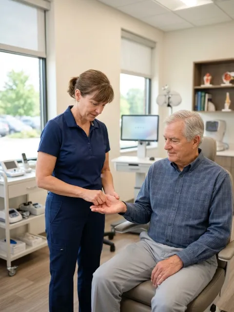 Clinician gently examining the palm of a senior patient during a reflex screening