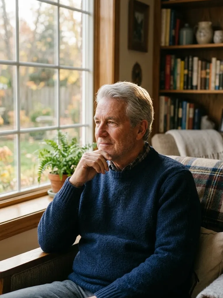 Thoughtful man in his late 60s sitting by a window at home