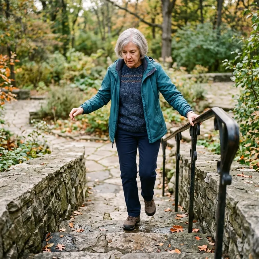 Older woman holding a handrail while carefully walking down outdoor steps