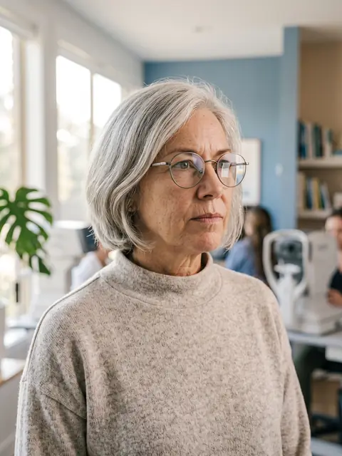 Stroke survivor wearing glasses with a prism lens segment