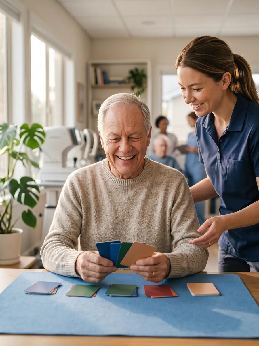 Older man smiling during a visual scanning exercise with a therapist